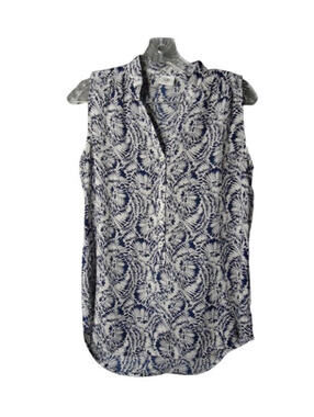 Cabi #5038 Women's Plaza Blouse Size XS Blue White Sleeveless Henley 4-Button